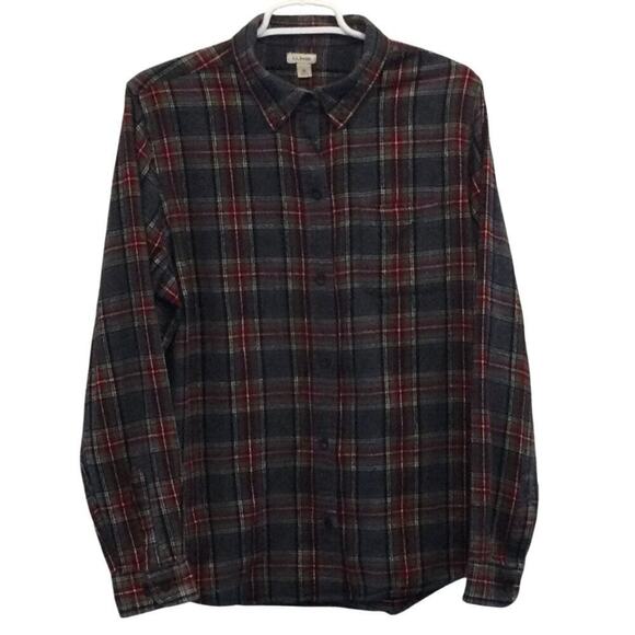 L.L.Bean Thick Flannel Shirt Mens L Grey Green Plaid Cabincore Gorpcore Outdoor - Picture 1 of 8